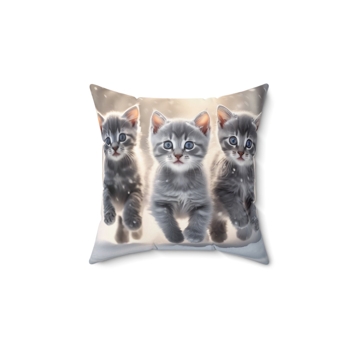 Faux Suede Throw Pillow with 3 Gray Calico Kittens Playing in the Snow, Cozy Winter Decor for Cat Lovers and Seasonal Cheer