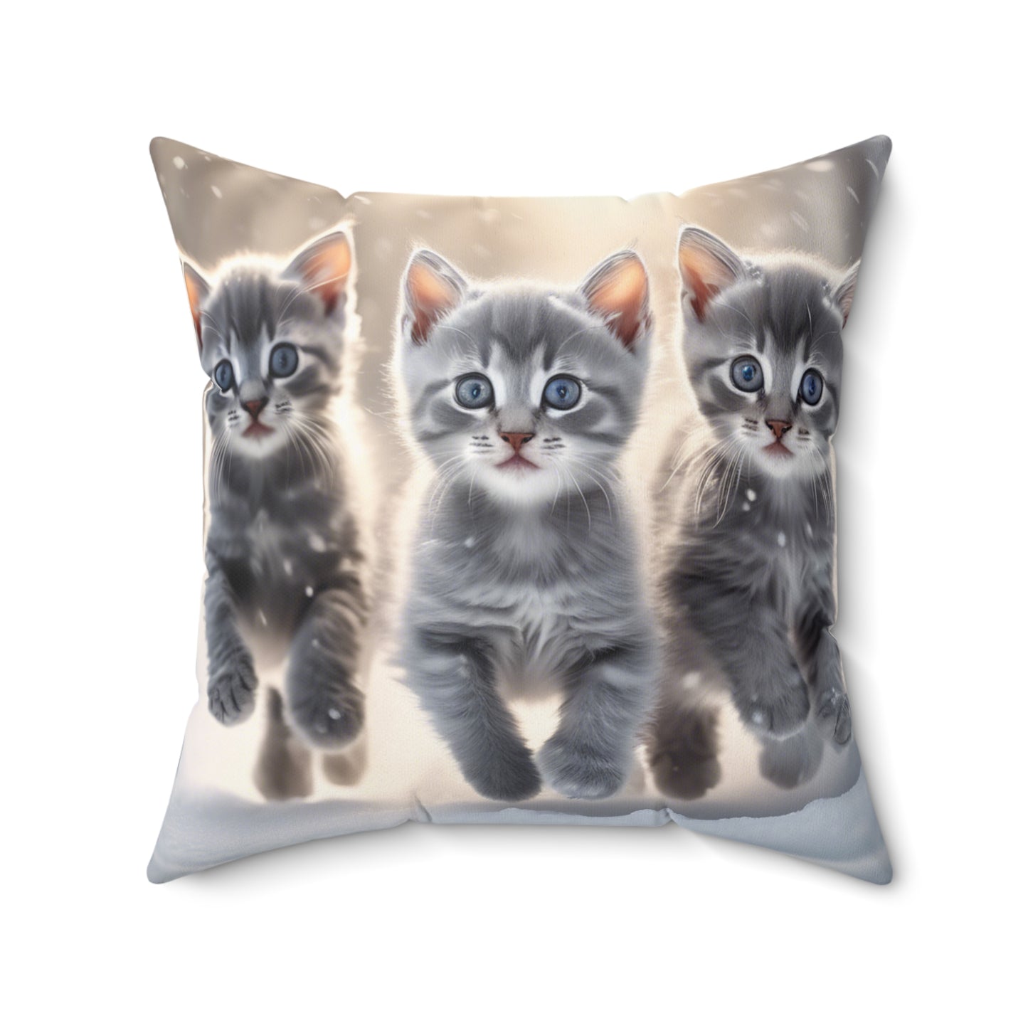 Faux Suede Throw Pillow with 3 Gray Calico Kittens Playing in the Snow, Cozy Winter Decor for Cat Lovers and Seasonal Cheer