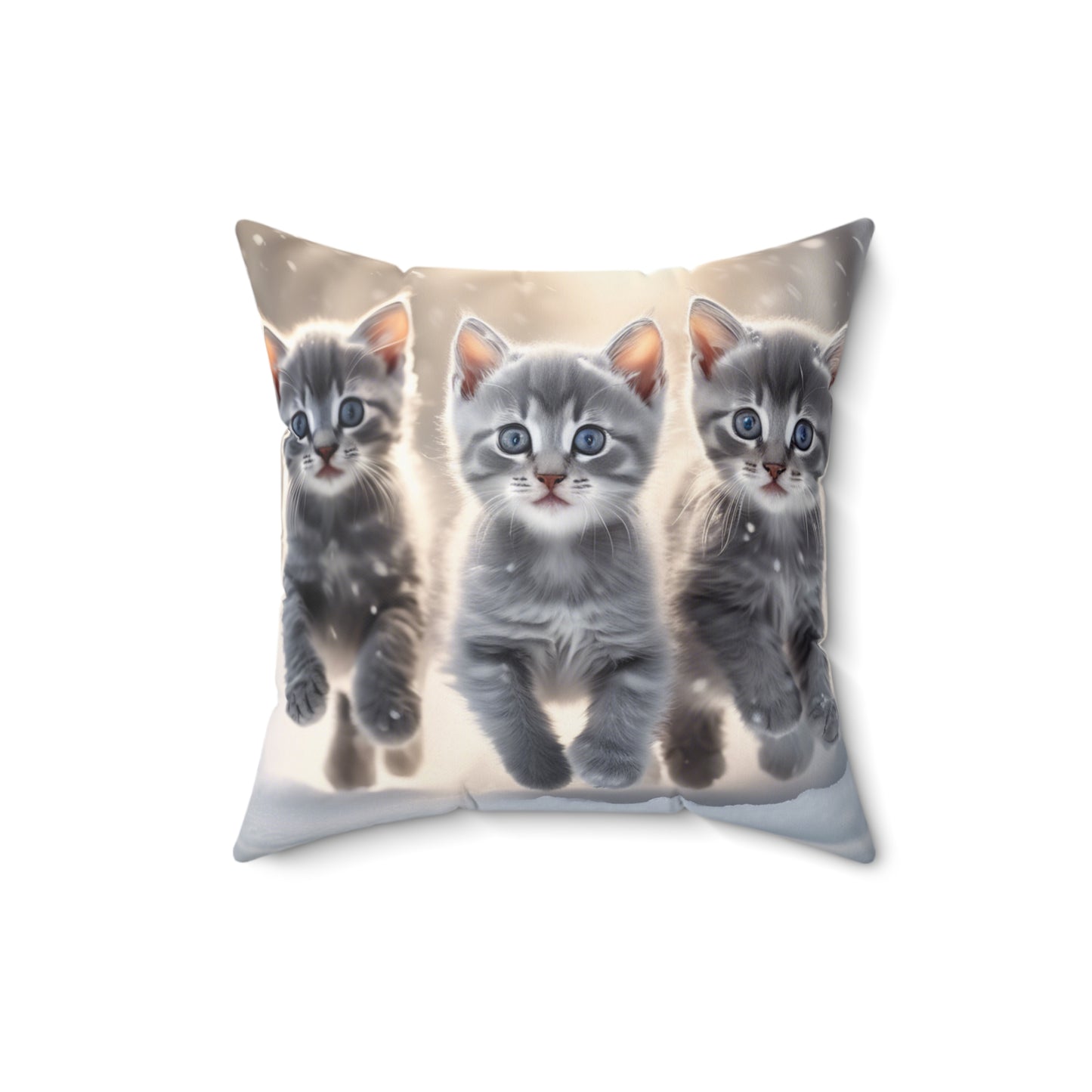 Faux Suede Throw Pillow with 3 Gray Calico Kittens Playing in the Snow, Cozy Winter Decor for Cat Lovers and Seasonal Cheer