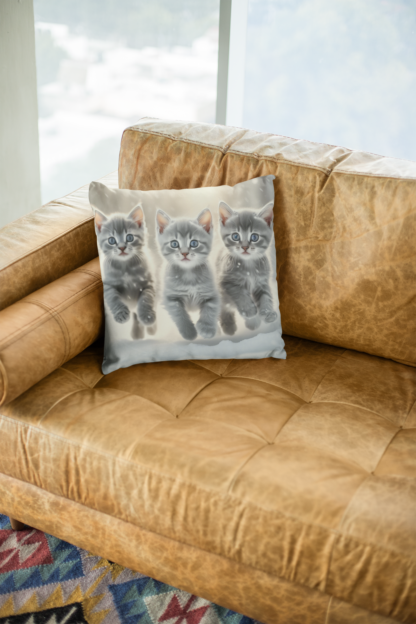 Faux Suede Throw Pillow with 3 Gray Calico Kittens Playing in the Snow, Cozy Winter Decor for Cat Lovers and Seasonal Cheer
