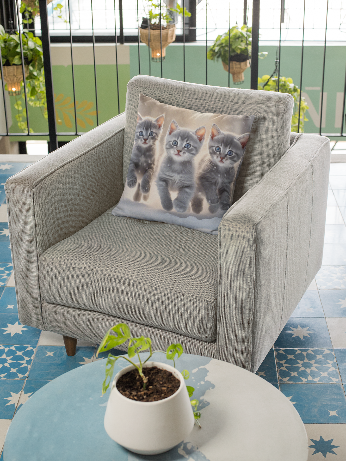 Faux Suede Throw Pillow with 3 Gray Calico Kittens Playing in the Snow, Cozy Winter Decor for Cat Lovers and Seasonal Cheer