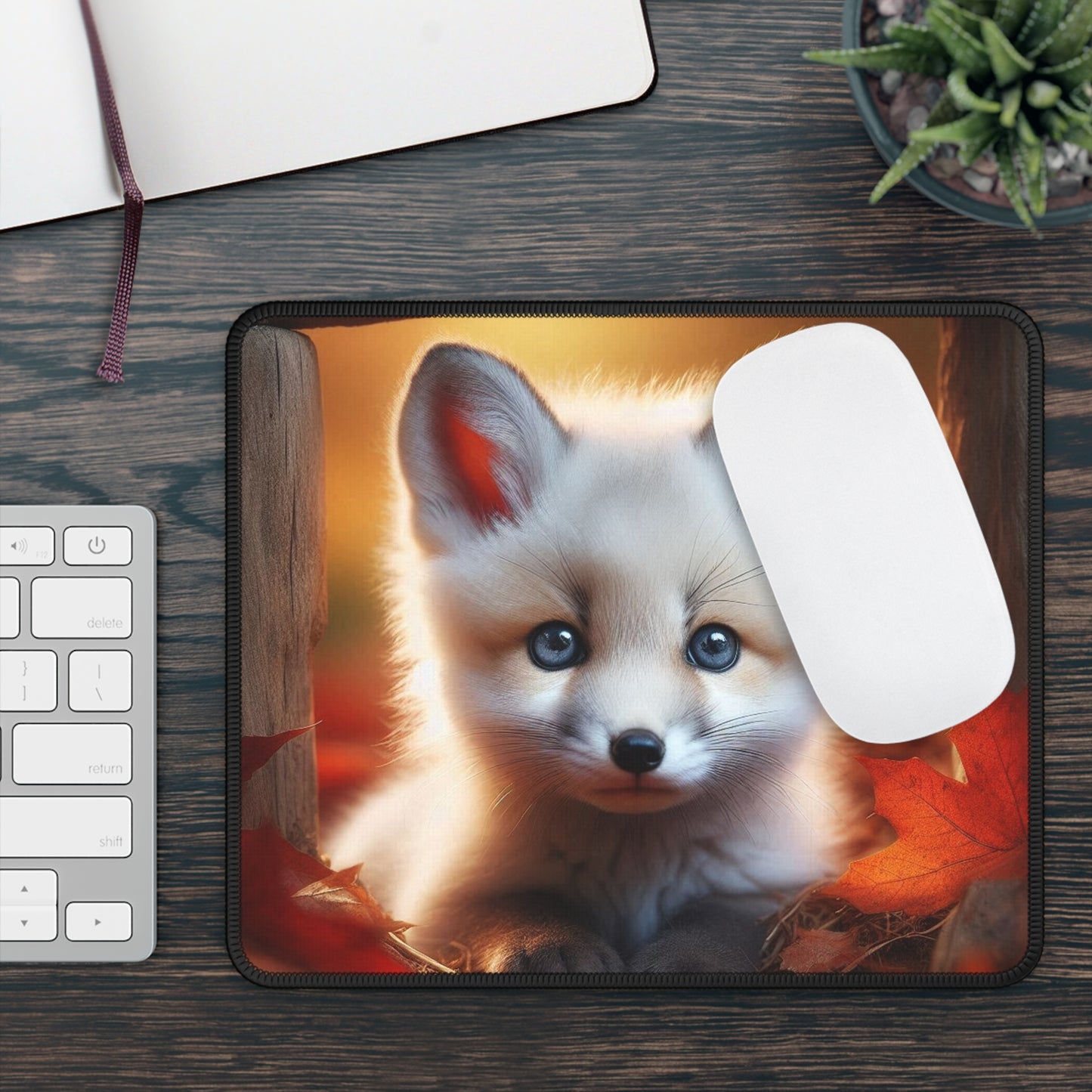 Fall White Fox Gaming Mouse Pad, Cute Baby Fox Design for Gamers, Non-Slip Desk Mat, Gaming Accessories, Office Decor, Holiday Gift