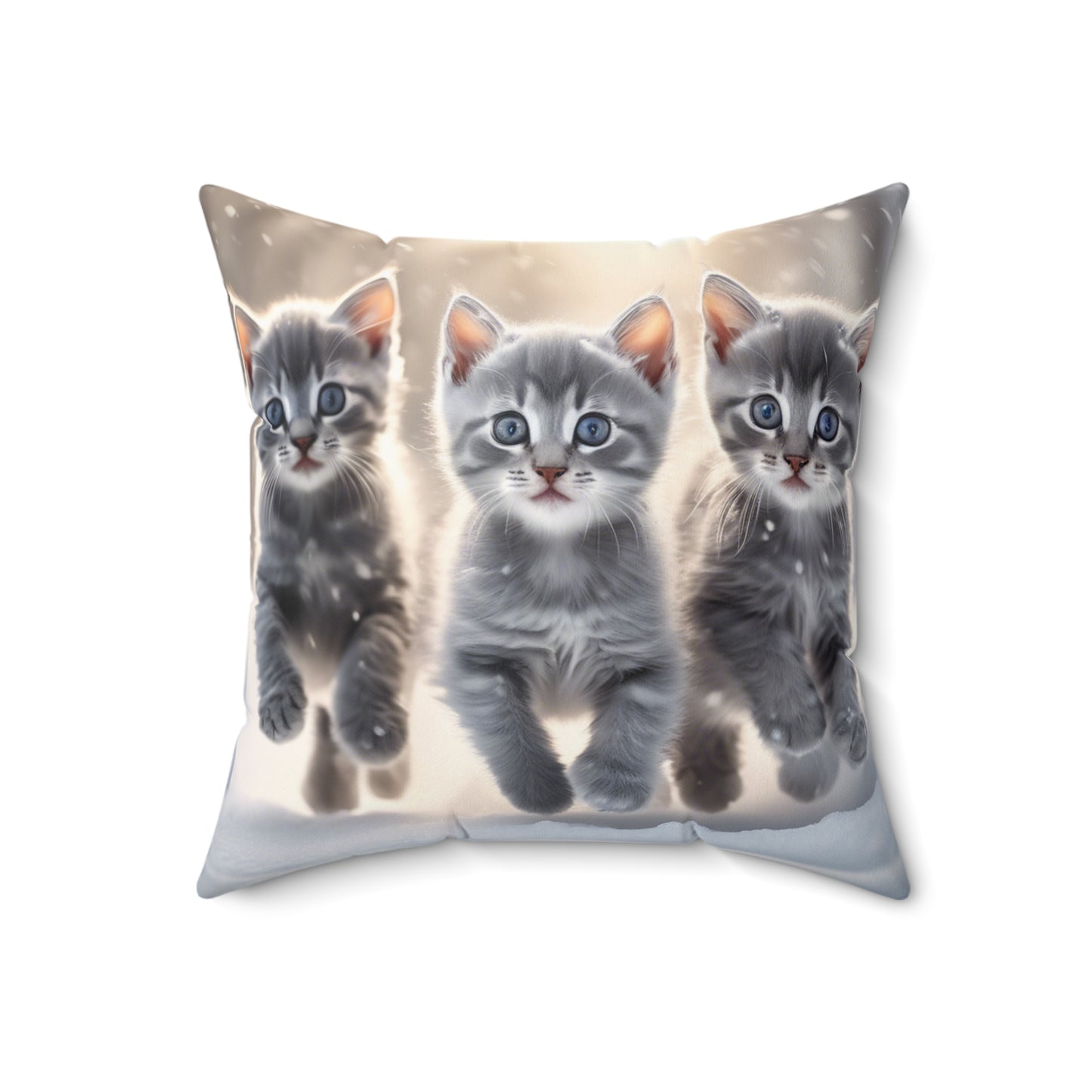Faux Suede Throw Pillow with 3 Gray Calico Kittens Playing in the Snow, Cozy Winter Decor for Cat Lovers and Seasonal Cheer