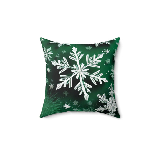 Square Pillow - Snowflakes on Green Background, cozy, festive winter holiday throw pillow