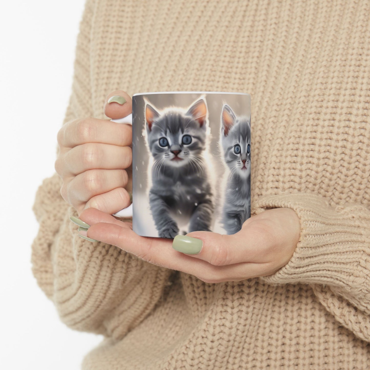 Large Coffee Mug, 11oz&15oz Coffee Mug with 3 Gray Calico Kittens Playing in the Snow Perfect for Winter Warmth and Seasonal Cheer