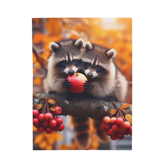 Plush Blanket - Fall Racoons Sharing a Crabapple, Cozy Blanket, Autumn Gift Ideas, Woodland Creatures