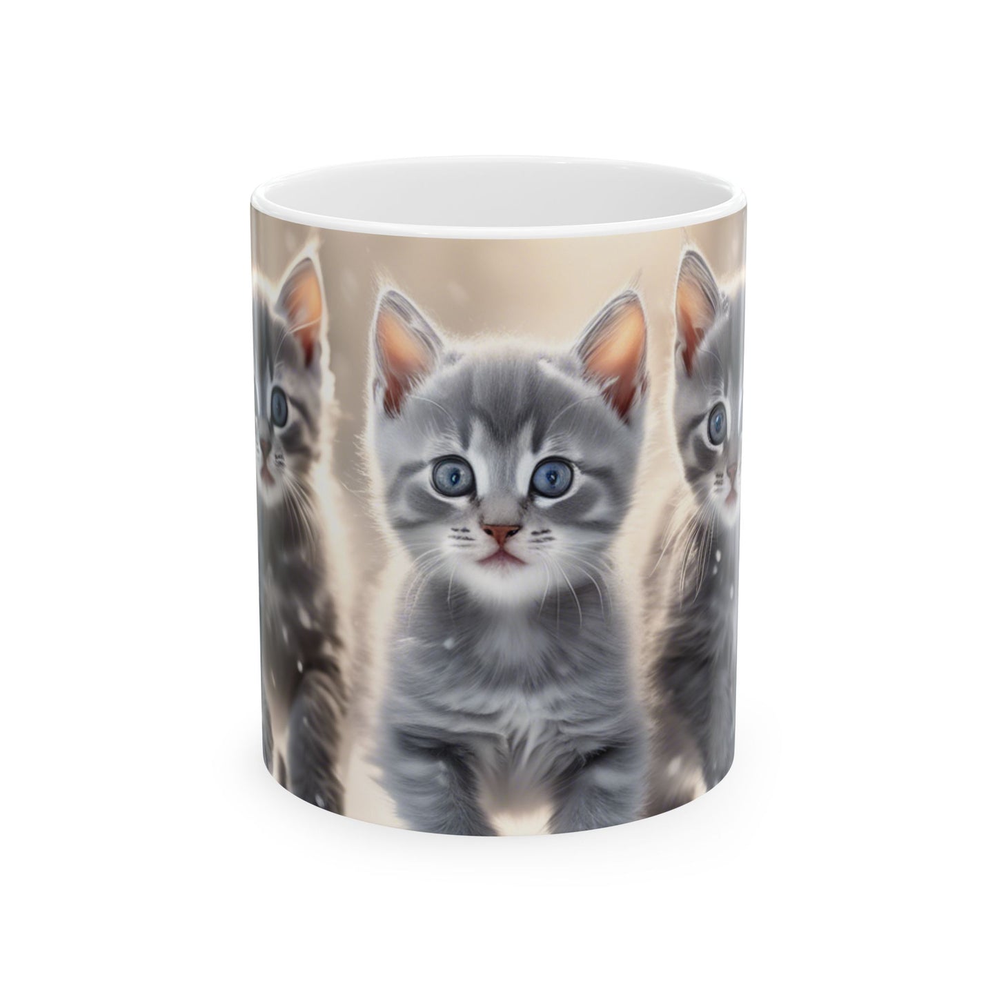 Large Coffee Mug, 11oz&15oz Coffee Mug with 3 Gray Calico Kittens Playing in the Snow Perfect for Winter Warmth and Seasonal Cheer