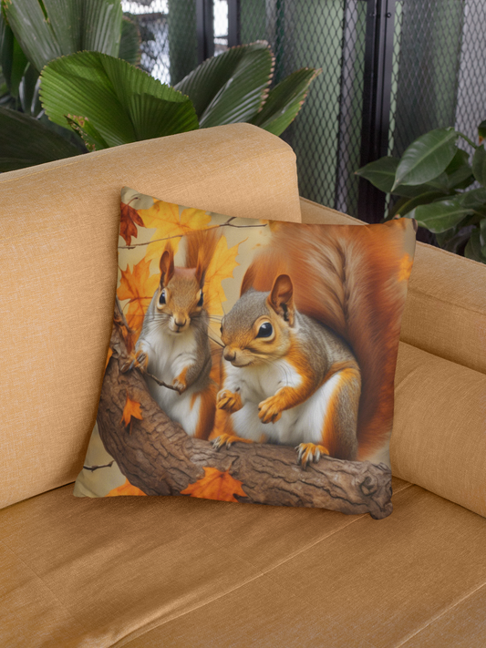 Throw Pillow, Autumn Squirrel Decorative Cushion for Fall Home, Faux Leather Square Pillow, Woodland Animal Gift, Nature Lover Pillow Cover,