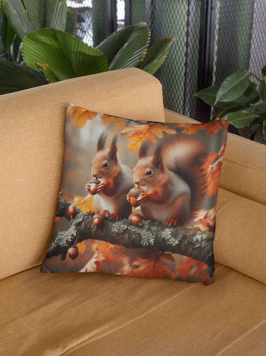 Throw Pillow, Autumn Squirrel Decorative Cushion for Fall Home, Faux Leather Square Pillow, Woodland Animal Gift, Nature Lover Pillow Cover,