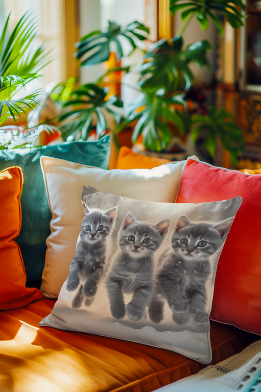 Faux Suede Throw Pillow with 3 Gray Calico Kittens Playing in the Snow, Cozy Winter Decor for Cat Lovers and Seasonal Cheer