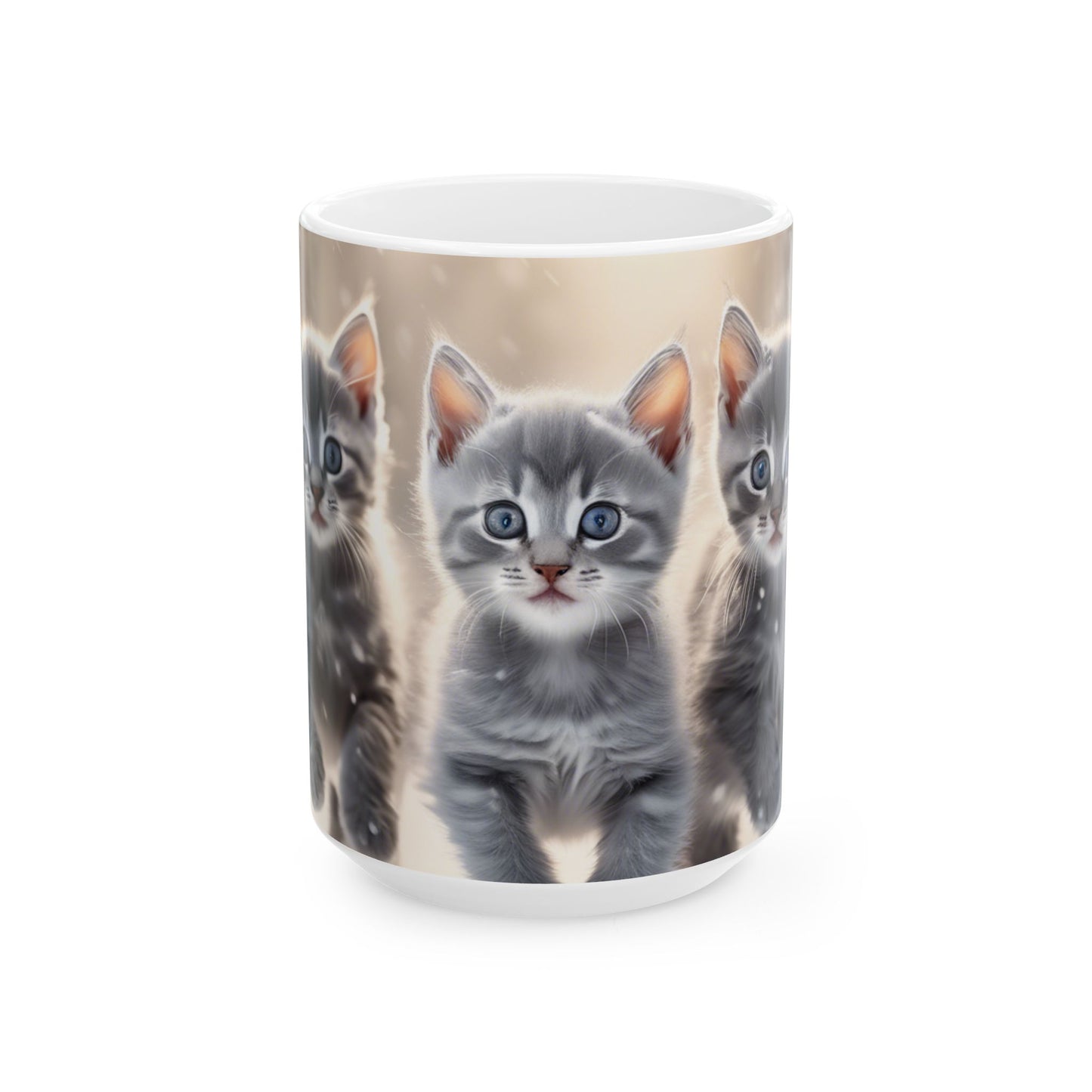 Large Coffee Mug, 11oz&15oz Coffee Mug with 3 Gray Calico Kittens Playing in the Snow Perfect for Winter Warmth and Seasonal Cheer