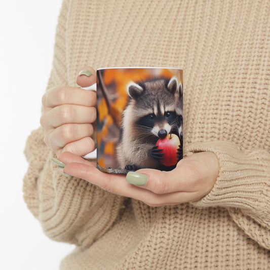 Mug - Fall Racoons Sharing Crabapple on Branch, 11oz & 15oz, Unique mug design, Large Capacity mug