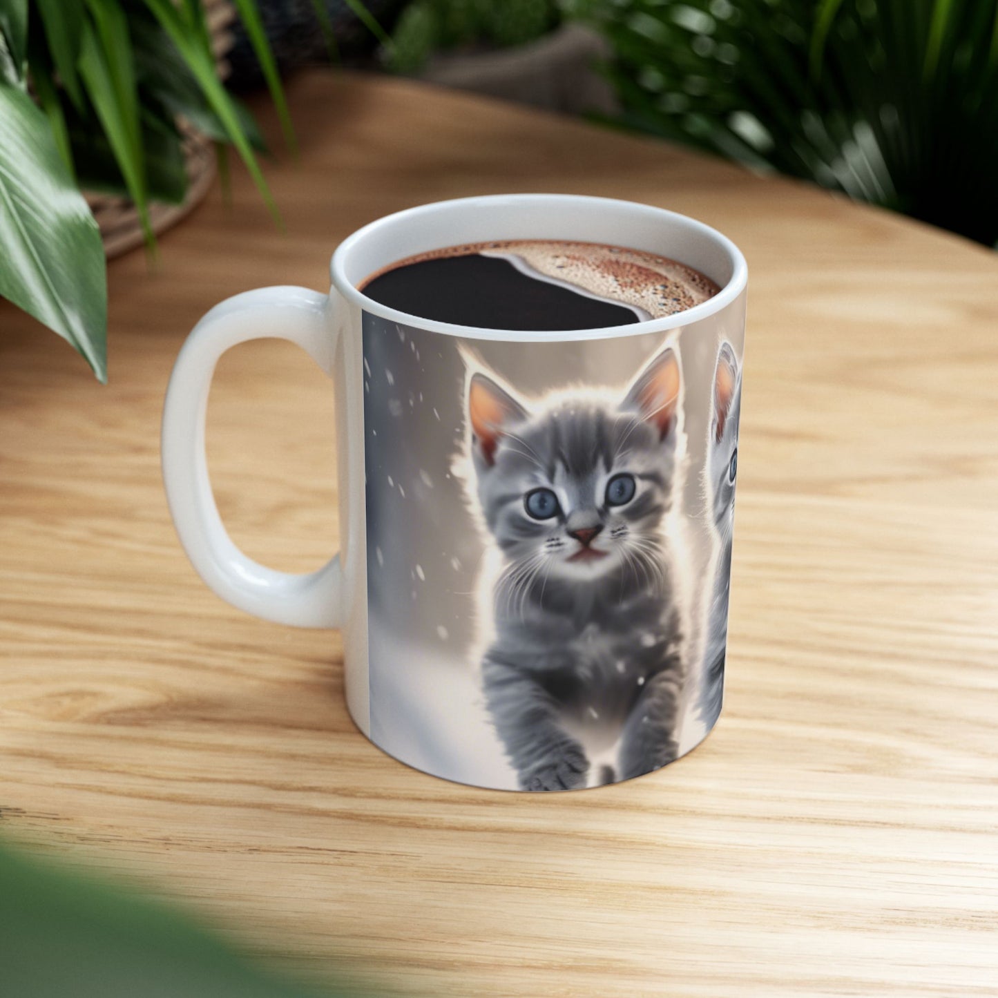 Large Coffee Mug, 11oz&15oz Coffee Mug with 3 Gray Calico Kittens Playing in the Snow Perfect for Winter Warmth and Seasonal Cheer