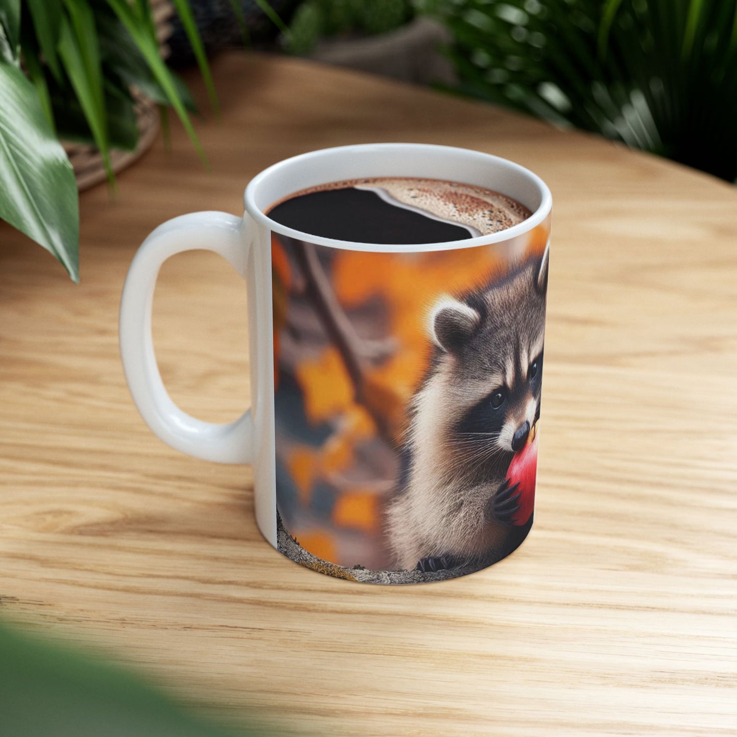 Mug - Fall Racoons Sharing Crabapple on Branch, 11oz & 15oz, Unique mug design, Large Capacity mug