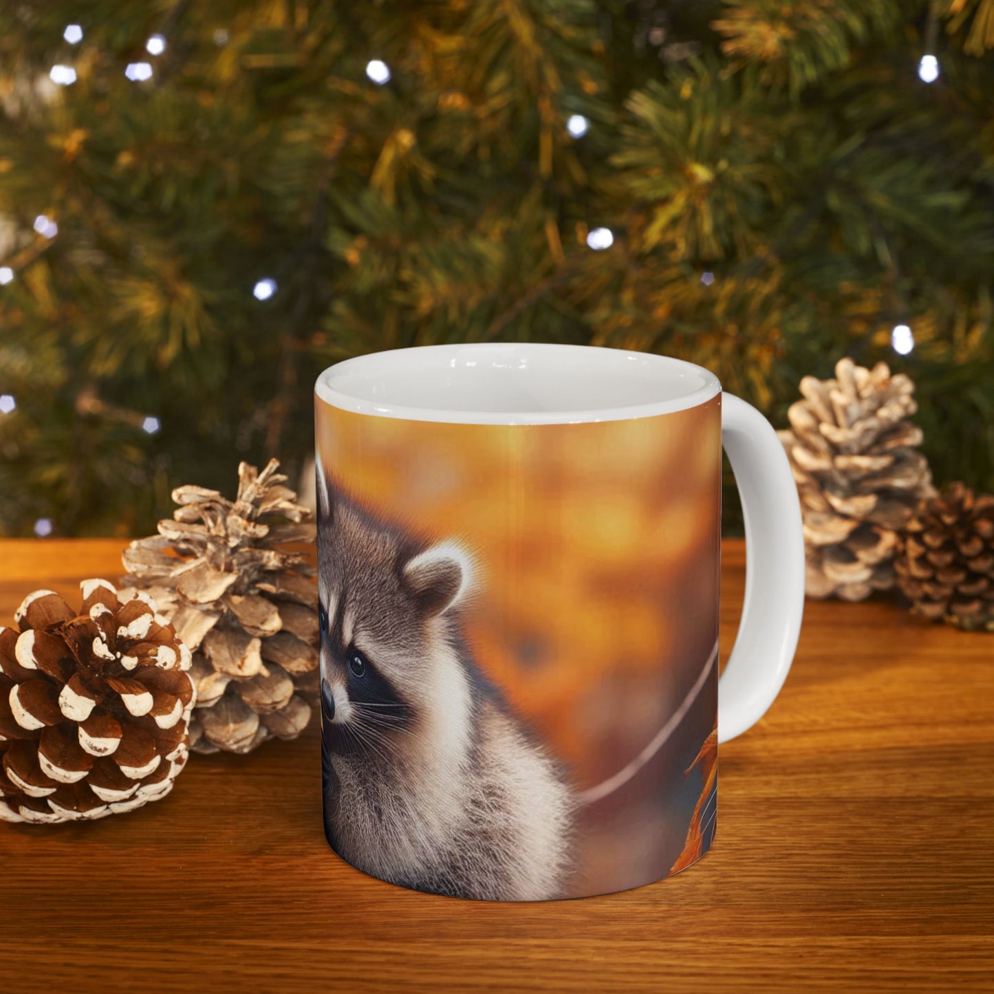 Mug - Fall Racoons Sharing Crabapple on Branch, 11oz & 15oz, Unique mug design, Large Capacity mug