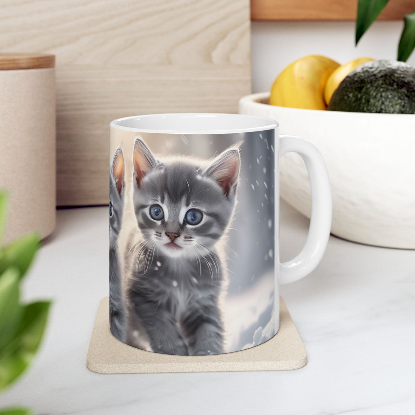 Large Coffee Mug, 11oz&15oz Coffee Mug with 3 Gray Calico Kittens Playing in the Snow Perfect for Winter Warmth and Seasonal Cheer