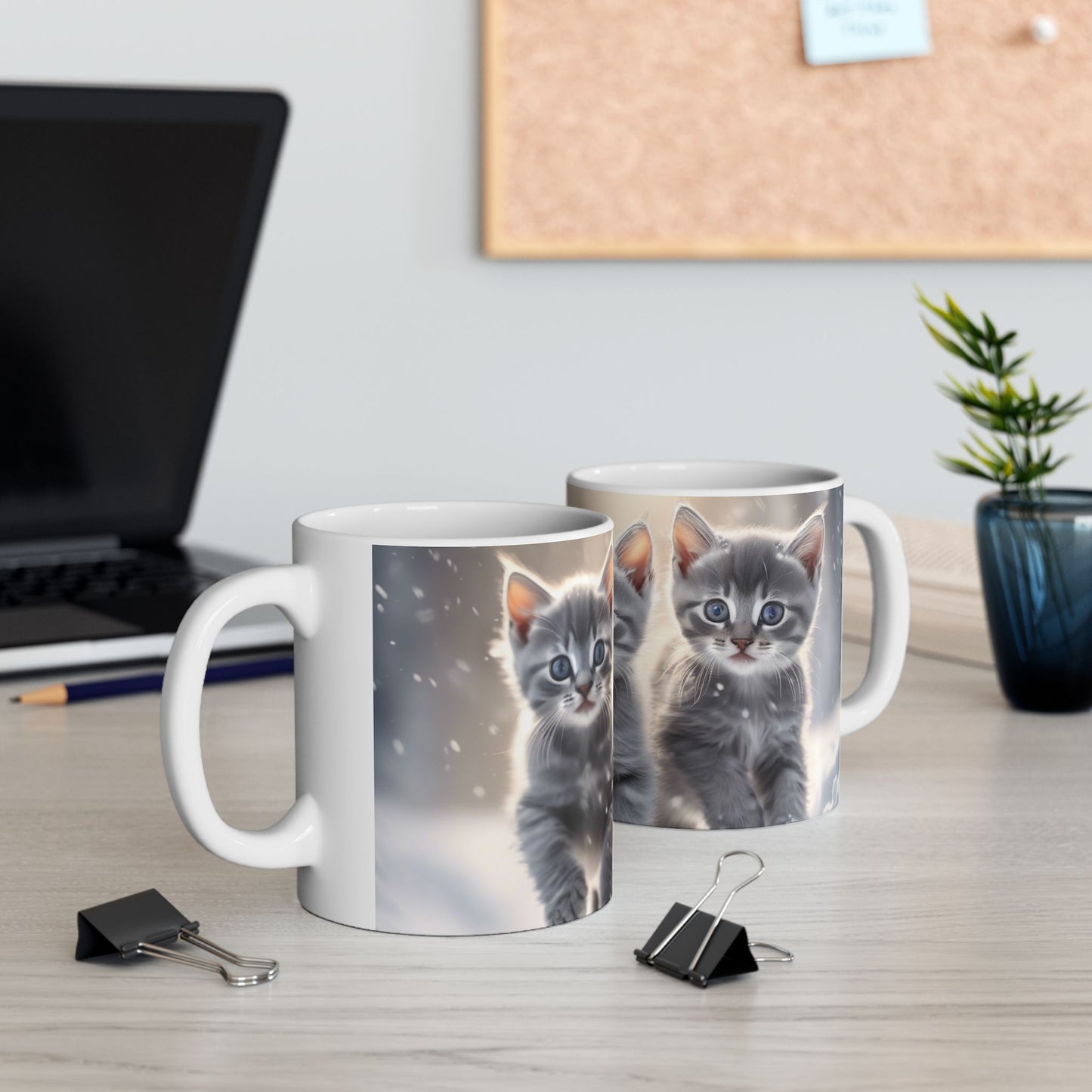 Large Coffee Mug, 11oz&15oz Coffee Mug with 3 Gray Calico Kittens Playing in the Snow Perfect for Winter Warmth and Seasonal Cheer