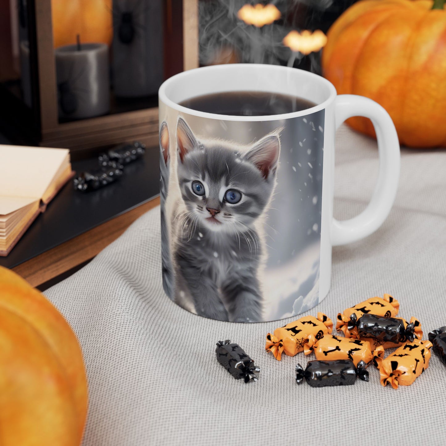 Large Coffee Mug, 11oz&15oz Coffee Mug with 3 Gray Calico Kittens Playing in the Snow Perfect for Winter Warmth and Seasonal Cheer