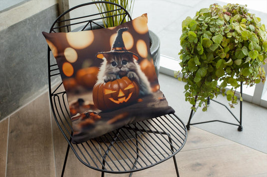 Square Pillow, Cute Halloween Kitten, Home Decor, Throw Pillow, Couch Pillow, Sofa Accent, Spun Polyester Pillow