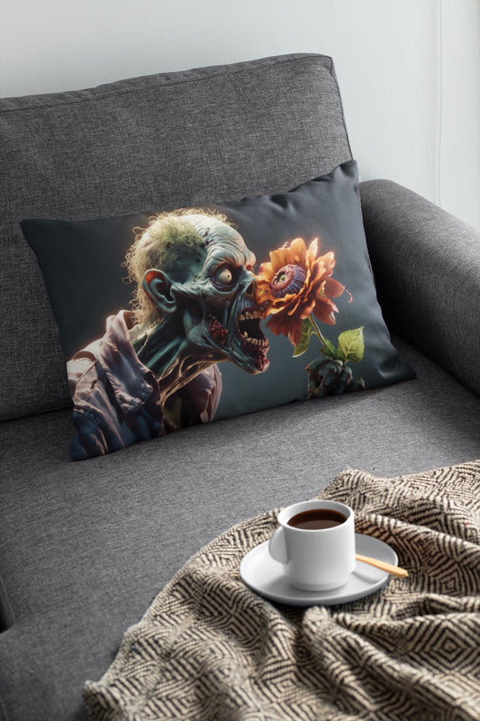 Spun Polyester Lumbar Pillow - Zombie Smelling a Flower, Decorative Throw Cushion, Living Room Accent, Halloween Decor, Dorm Room Pillow,