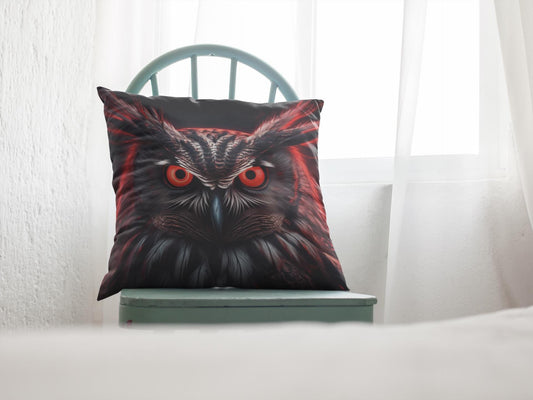 Owl Pillow, Bird Cushion, Spun Polyester Square Pillow, Home Decor, Animal Lover Gift, Red Eyes Design, Unique Throw Pillow