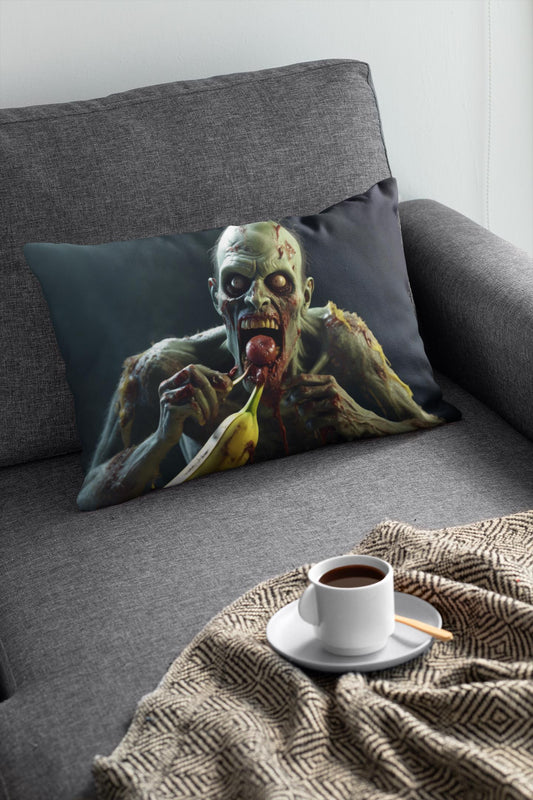 Zombie Eating a Banana Lumbar Pillow - Unique Home Decor, Spooky Halloween Decor, Creepy Throw Pillow, Funny Couch Cushion, Horror Room