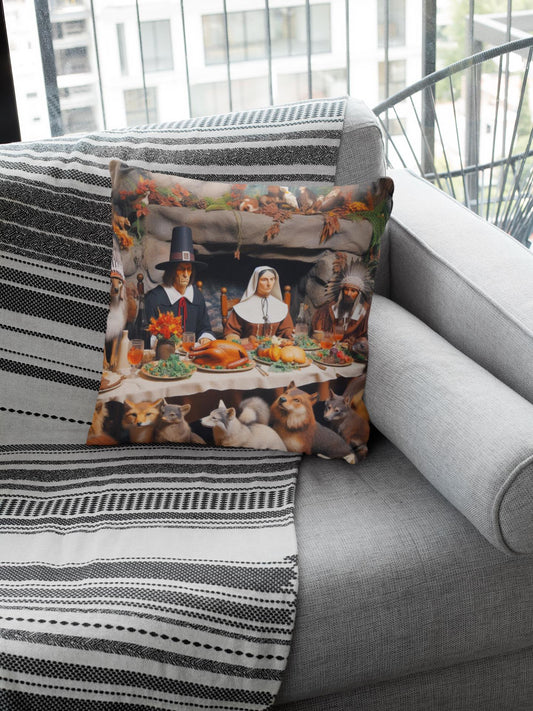 Thanksgiving Pillow, Holiday Decor, Pilgrims and Indians Square Cushion, Animal Lover Gift, Harvest Festival Home Accent