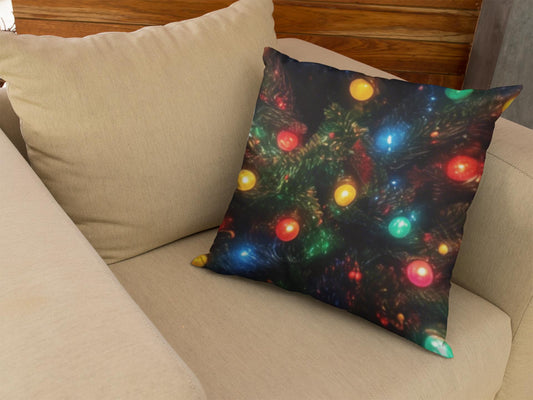 Pillow, Christmas Tree with Multicolored Lights Design, Holiday Cushion, Festive Home Decor, Seasonal Throw Pillow, Faux Suede Square Pillow