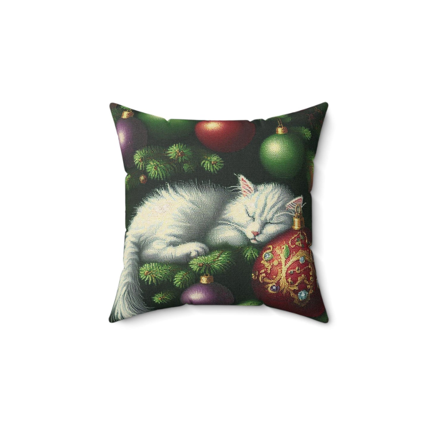 Square Pillow, Cute White Kitten Sleeping in Christmas Tree Design, Decorative Throw Cushion, Home Decor Accent, Holiday Gift, Animal Lover