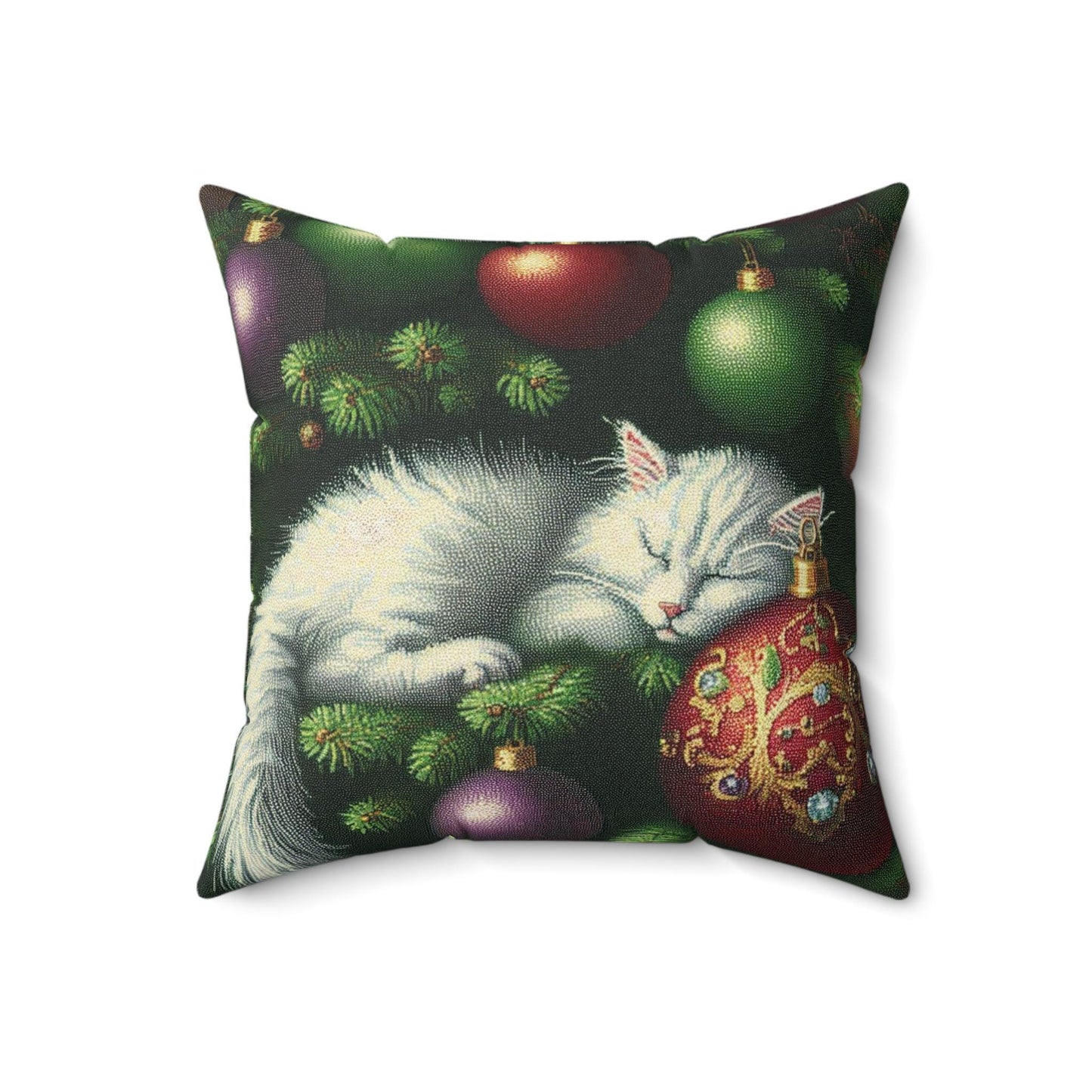 Square Pillow, Cute White Kitten Sleeping in Christmas Tree Design, Decorative Throw Cushion, Home Decor Accent, Holiday Gift, Animal Lover