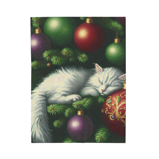 Velveteen Plush Blanket, Cute White Kitten Sleeping in Christmas Tree Design, Decorative Blanket, Home Decor, Holiday Gift, Kitten Lover,