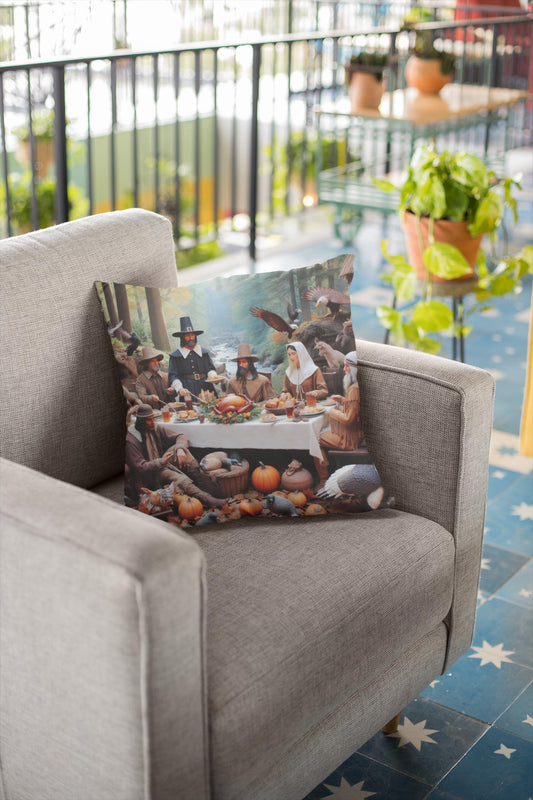 Thanksgiving Pilgrims Pillow with Friends and Animals, Decorative Pillow, Throw Pillow, Home Decor, Holiday Accent, Unique