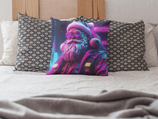 Pillow, Cyberpunk Santa with shades - Unique Home Decor, Christmas Gift, Square Cushion, Cool Santa Claus Decorative Pillow, Faux Suede