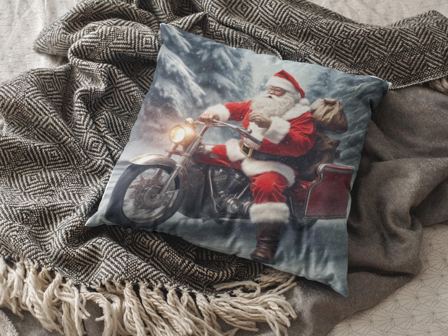 Santa Claus Motorcycle Faux Suede Pillow - Holiday Decorative Cushion, Christmas Home Accent, Festive Throw Pillow, Santa Biker Xmas Decor,