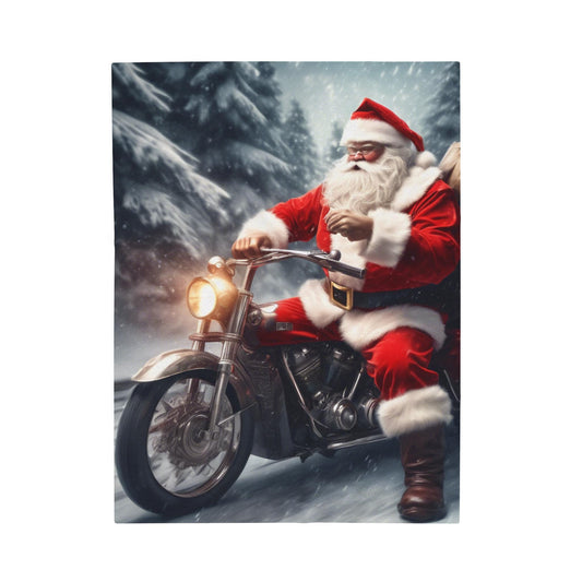 Plush Blanket with Santa Claus Riding Motorcycle, Christmas Velveteen Throw, Holiday Home Decor Gift, Winter Bedding, Santa Biker Cozy