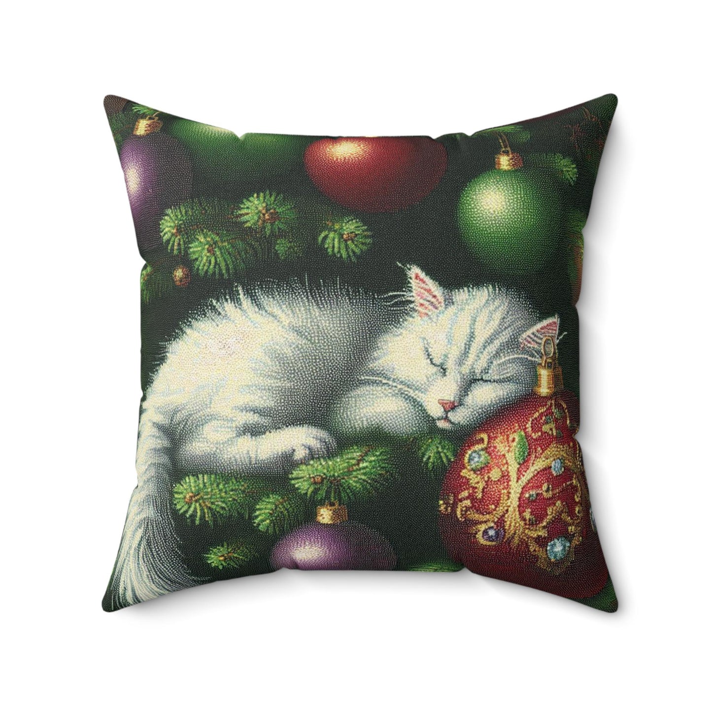 Square Pillow, Cute White Kitten Sleeping in Christmas Tree Design, Decorative Throw Cushion, Home Decor Accent, Holiday Gift, Animal Lover